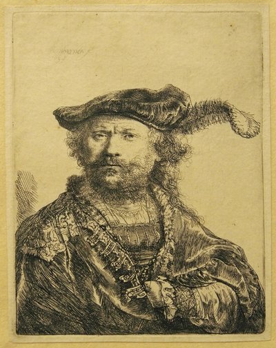 Autoportrait avec une Plume sur le Bonnet - Rembrandt van Rijn